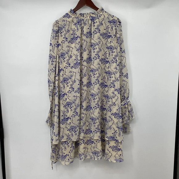 & Other Stories Ruffle Collar Cloud Print Mini Dress Women Sz 10 Tan Blue Tiered - Picture 12 of 15